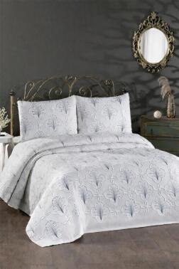 Sonay Nakışlı Şönil 3 Parça Çift Kişilik Yatak Örtüsü Gri - Çeyiz Diyarı