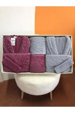 Su Yolu 8 Parça Aile Bornoz Takımı Açık Gri - Mürdüm - Çeyiz Diyarı