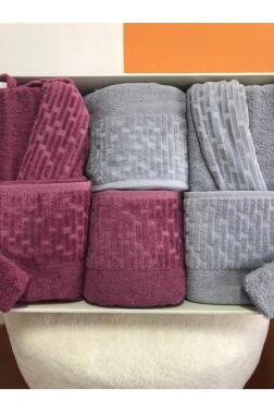 Su Yolu 8 Parça Aile Bornoz Takımı Açık Gri - Mürdüm - Çeyiz Diyarı (1)