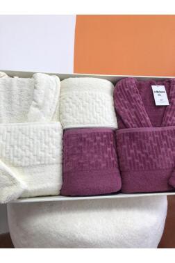 Su Yolu 8 Parça Aile Bornoz Takımı Krem - Mürdüm - Çeyiz Diyarı (1)