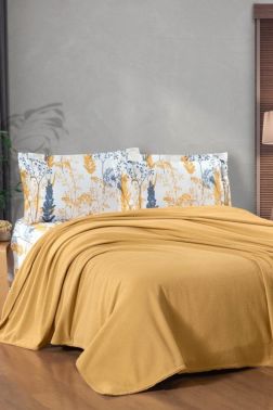 Taç Kristal Breeze Ponponlu Çift Kişilik Pike Takımı Hardal - Kristal