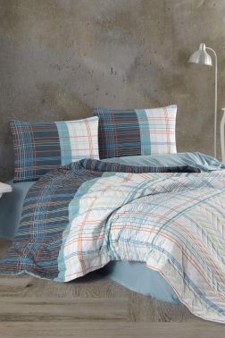 Taç Kristal Ekose Çift Kişilik Dört Mevsim Nevresim Takımı Mavi - Kristal