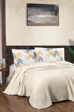 Taç Kristal Forewer Ponponlu Çift Kişilik Pike Takımı Bej - Kristal