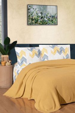 Taç Kristal Forewer Ponponlu Çift Kişilik Pike Takımı Hardal - Kristal