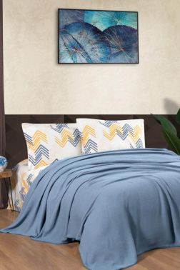 Taç Kristal Forewer Ponponlu Çift Kişilik Pike Takımı İndigo - Kristal