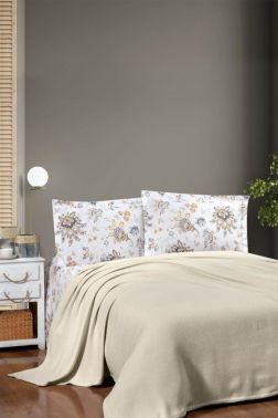 Taç Kristal Vita Ponponlu Çift Kişilik Pike Takımı Bej - Kristal