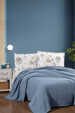 Taç Kristal Vita Ponponlu Çift Kişilik Pike Takımı İndigo - Kristal