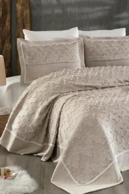 Talya Jakarlı Çift Kişilik Yatak Örtüsü Bej - Çeyiz Diyarı