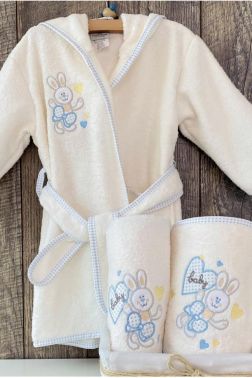 Tavşan Bebek Bornoz Seti 0-3 Yaş Mavi - Çeyiz Diyarı