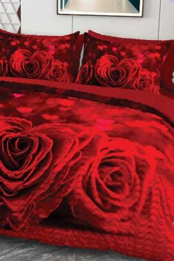 Tria Heartl Mikro Saten 3D Dijital Baskılı Dört Mevsim Çift Kişilik Nevresim Takımı - Çeyiz Diyarı