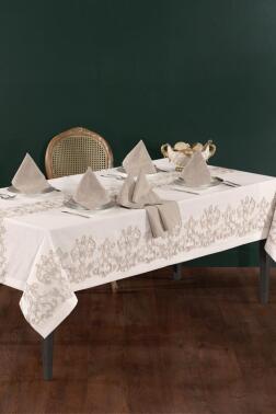 Tuğra Keten A.Servisli Masa Örtüsü Takımı 13 Parça Ekru - Çeyiz Diyarı