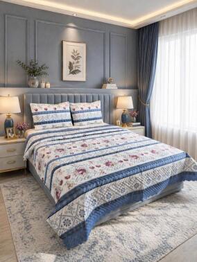 Ultrasonik Kapitoneli Rossera Çift Kişilik Pike Takımı 195x235 cm Mavi - Çeyiz Diyarı