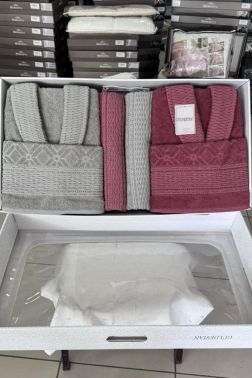 Veka Premium 6 Parça Aile Bornoz Takımı Antrasit Bordo - Çeyiz Diyarı