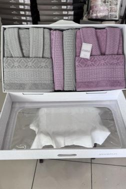 Veka Premium 6 Parça Aile Bornoz Takımı Antrasit Lila - Çeyiz Diyarı