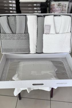 Veka Premium 6 Parça Aile Bornoz Takımı Beyaz Antrasit - Çeyiz Diyarı