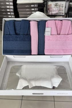 Veka Premium 6 Parça Aile Bornoz Takımı İndigo Pudra - Çeyiz Diyarı