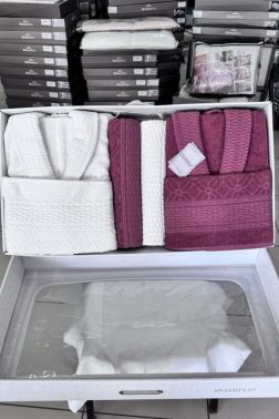 Veka Premium 6 Parça Aile Bornoz Takımı Krem Bordo - Çeyiz Diyarı