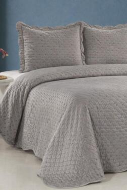 Velura Lüks Nakışlı Kadife Çift Kişilik Yatak Örtüsü Gri - Çeyiz Diyarı