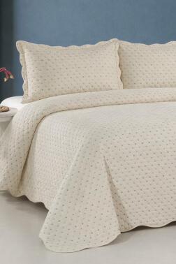 Velura Lüks Nakışlı Kadife Çift Kişilik Yatak Örtüsü Krem - Çeyiz Diyarı