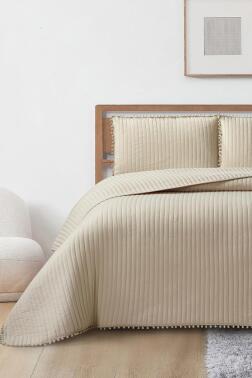 Venedik Elyaf Dolgulu Çift Kişilik 240x260 Cm Yatak Örtüsü Bej - Çeyiz Diyarı