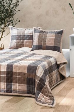 Vera All Day Pelüş Kare Desenli Çift Kişilik Yatak Örtüsü Bej - Çeyiz Diyarı