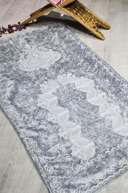 Verna Süzene İşlemeli Kadife Seccade Gri - Çeyiz Diyarı