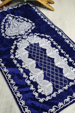 Verna Süzene İşlemeli Kadife Seccade Lacivert - Çeyiz Diyarı