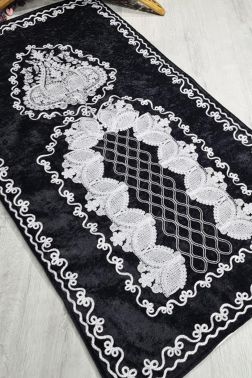 Verna Süzene İşlemeli Kadife Seccade Siyah - Çeyiz Diyarı