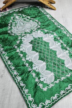 Verna Süzene İşlemeli Kadife Seccade Zümrüt Yeşili - Çeyiz Diyarı
