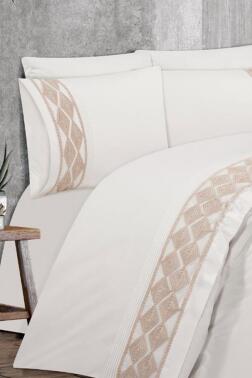 Verona Fransız Dantelli Çift Kişilik Nevresim Takımı Krem Bej - Çeyiz Diyarı