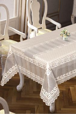 Versage Jakarlı Masa Örtüsü Krem 160x220 Cm - Çeyiz Diyarı