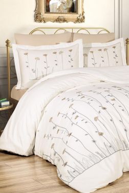 Vova Nakışlı Çift Kişilik Nevresim Takımı Krem - Cappucino - Çeyiz Diyarı