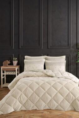 Wellsoft Jakarlı Uyku Seti 4 Parça Çift Kişilik Ekru - Çeyiz Diyarı