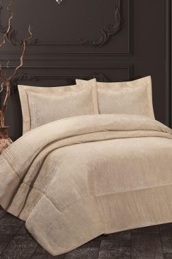 Yağmur Dolgulu Kadife Çift Kişilik Yatak Örtüsü Bej - Çeyiz Diyarı