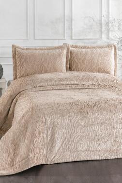 Yakut Elyaf Dolgulu Çift Kişilik 250x255 Cm Yatak Örtüsü Bej - Çeyiz Diyarı