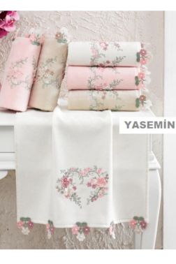 Yasemin Kadife Nakışlı Oyalı El Yüz Havlusu Krem - Çeyiz Diyarı