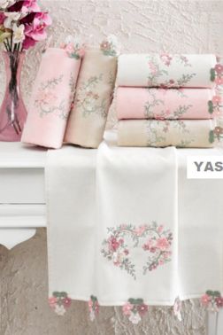 Yasemin Kadife Nakışlı Oyalı El Yüz Havlusu Pudra - Çeyiz Diyarı
