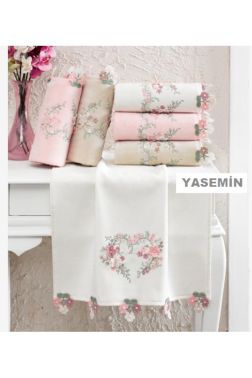 Yasemin Kadife Nakışlı Oyalı Mutfak Havlusu Krem - Çeyiz Diyarı