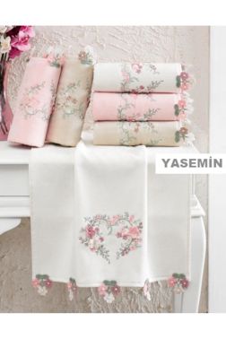 Yasemin Kadife Nakışlı Oyalı Mutfak Havlusu Pudra - Çeyiz Diyarı