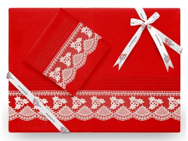 Yekpare Lüx Fransız Güpürlü Nevresim Takımı Kırmızı - Çeyiz Diyarı