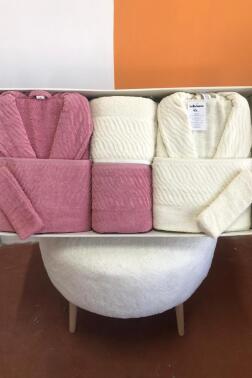 Zebra 8 Parça Aile Bornoz Takımı Gül Kurusu - Krem - Çeyiz Diyarı