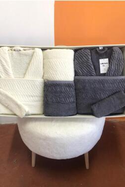 Zebra 8 Parça Aile Bornoz Takımı Krem - Antrasit - Çeyiz Diyarı