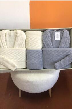 Zebra 8 Parça Aile Bornoz Takımı Krem - Gri - Çeyiz Diyarı