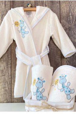 Zürafa Bebek Bornoz Seti 0-3 Yaş Mavi - Çeyiz Diyarı